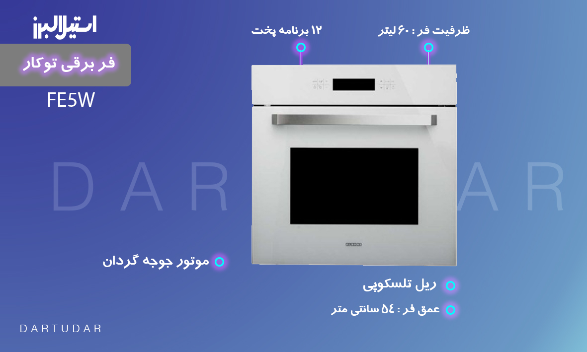 فر توکار برقی FE5W استیل البرز، با نمای شیشه سفید سکوریت