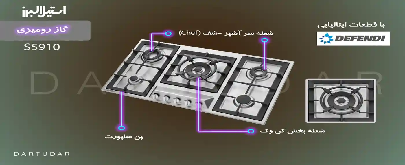 اجاق گاز پنج شعله‌ مدل S5910 استیل البرز