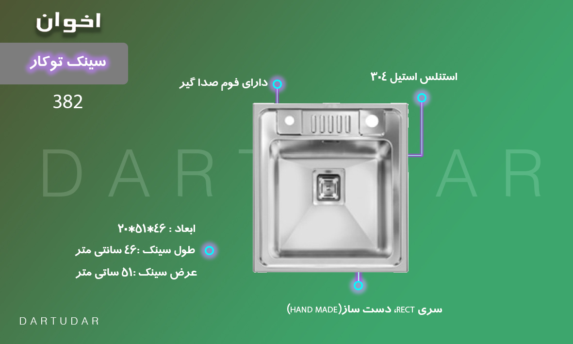 سینک توکار مدل 382 اخوان سری RECT دست ساز