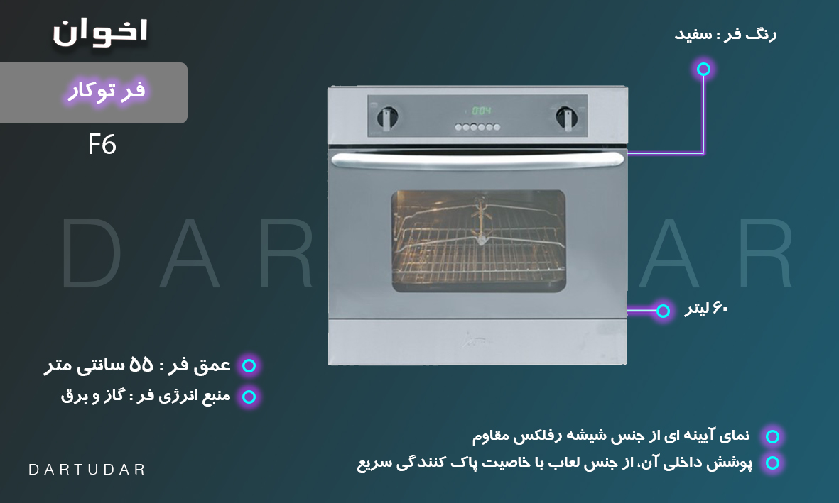 فر آشپزخانه مدل F6 با نمای آیینه ای و شیشه رفلکس متناسب برای آشپزخانه های خاص