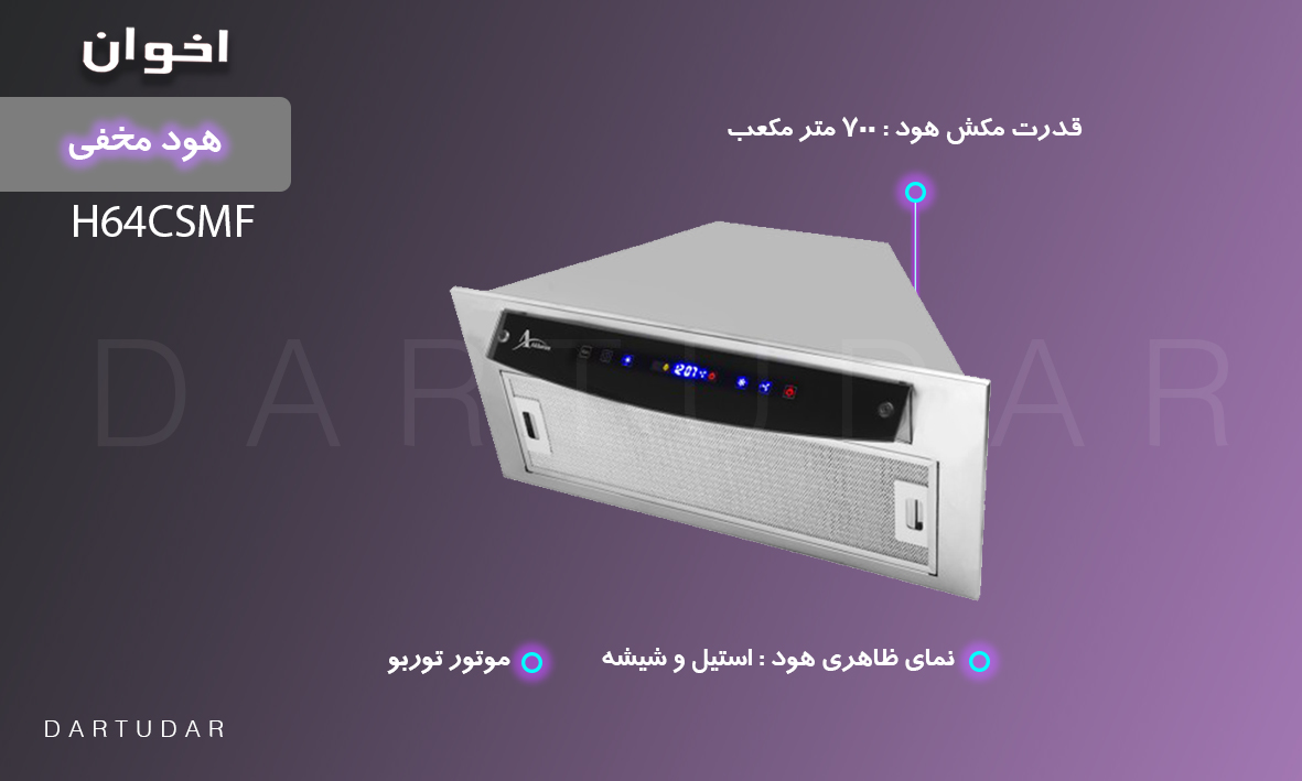 هود مخفی مدل H64CSMF اخوان، با نمای استیل و پنل شیشه ای مشکی