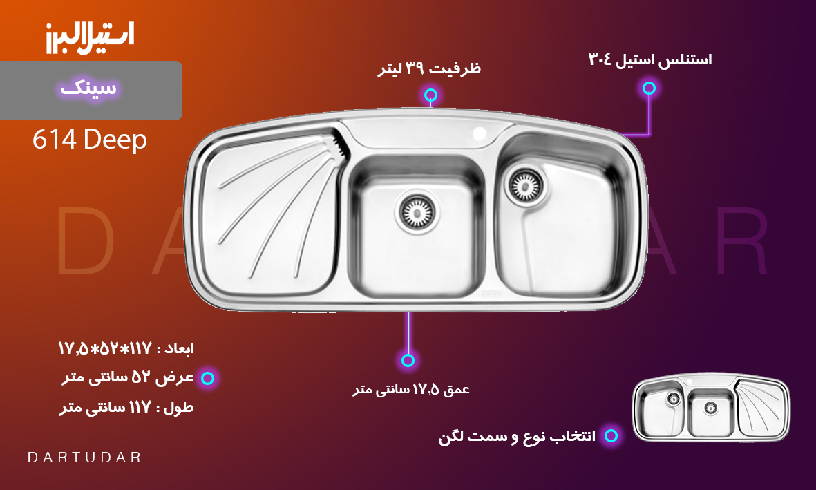 سینک توکار مدل Deep 614 استیل البرز دارای عمق 17.5 سانتی متر