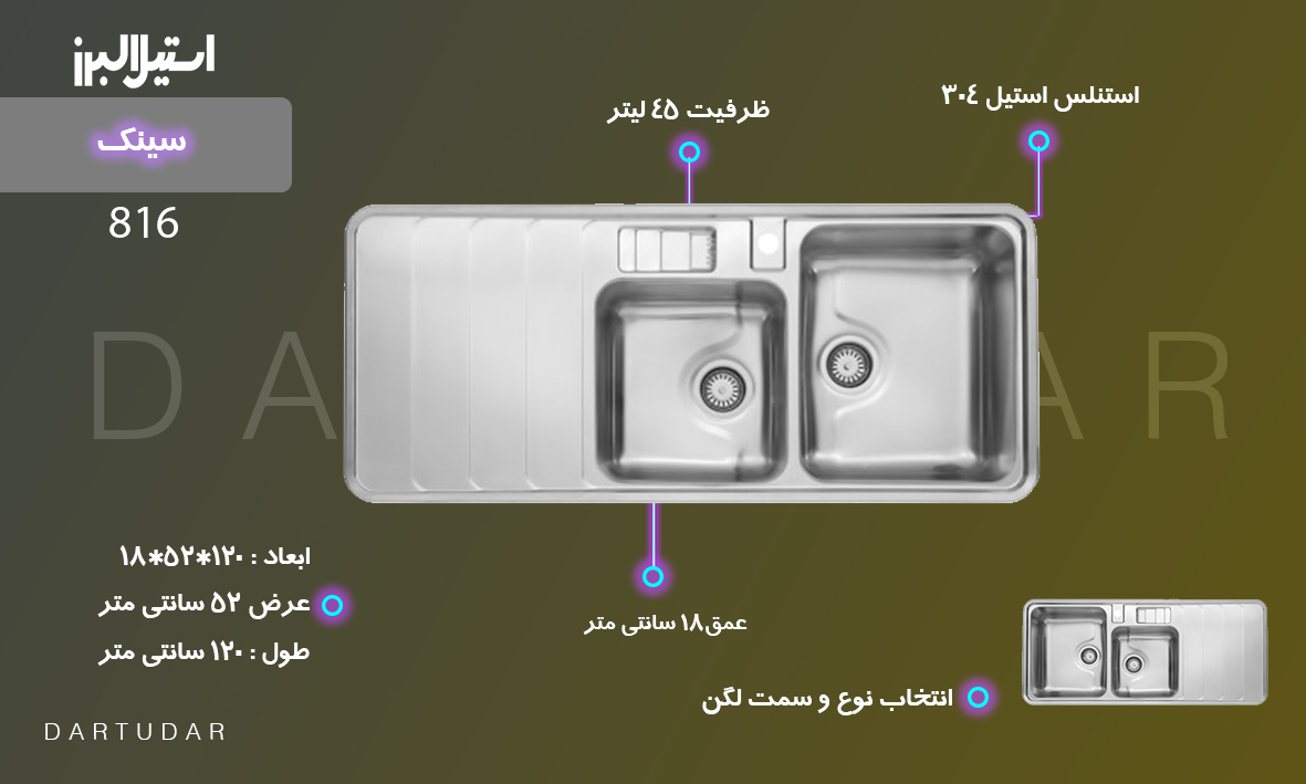 مشخصات سینک روکار مدل 816 استیل البرز