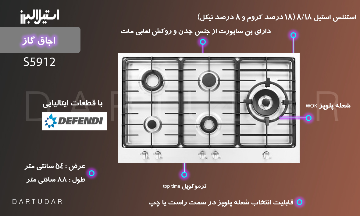 مشخصات و بررسی اجاق گاز پنج شعله‌ مدل S5912 استیل البرز