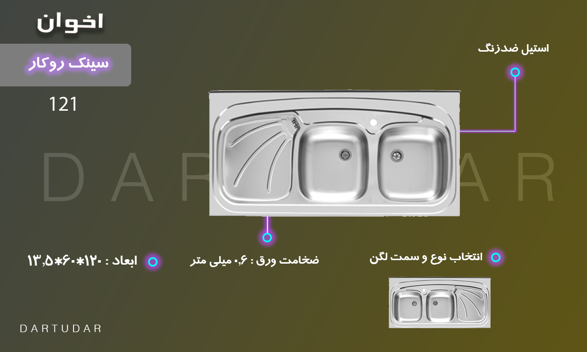 سینک روکار مدل 121 اخوان، دو لگنه با ضخامت ورق 0.6 میلی متر با قیمت اقتصادی مناسب