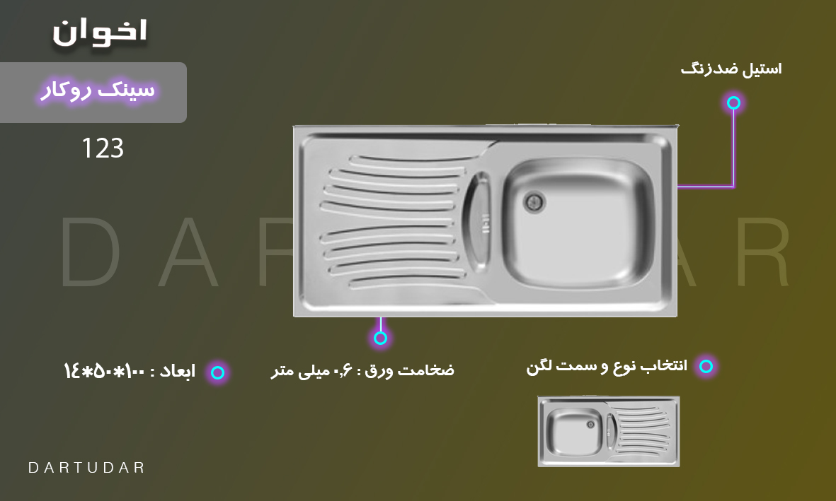 سینک روکار مدل 123 اخوان، با ضخامت ورق 0.6 میلی متری، از جنس استنلس استیل 304 است.