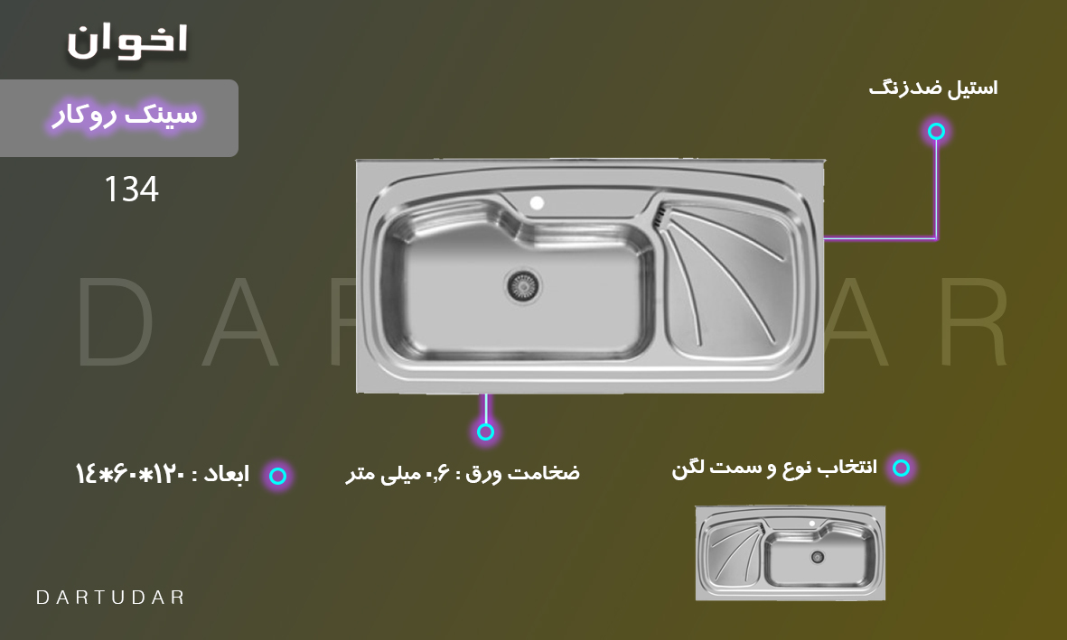 ا عمق 14 سانتی متر، ضخامت ورق 0.8 میلی متر، یک لگن عمیق طول 120 و عرض 60 سانتی متر است