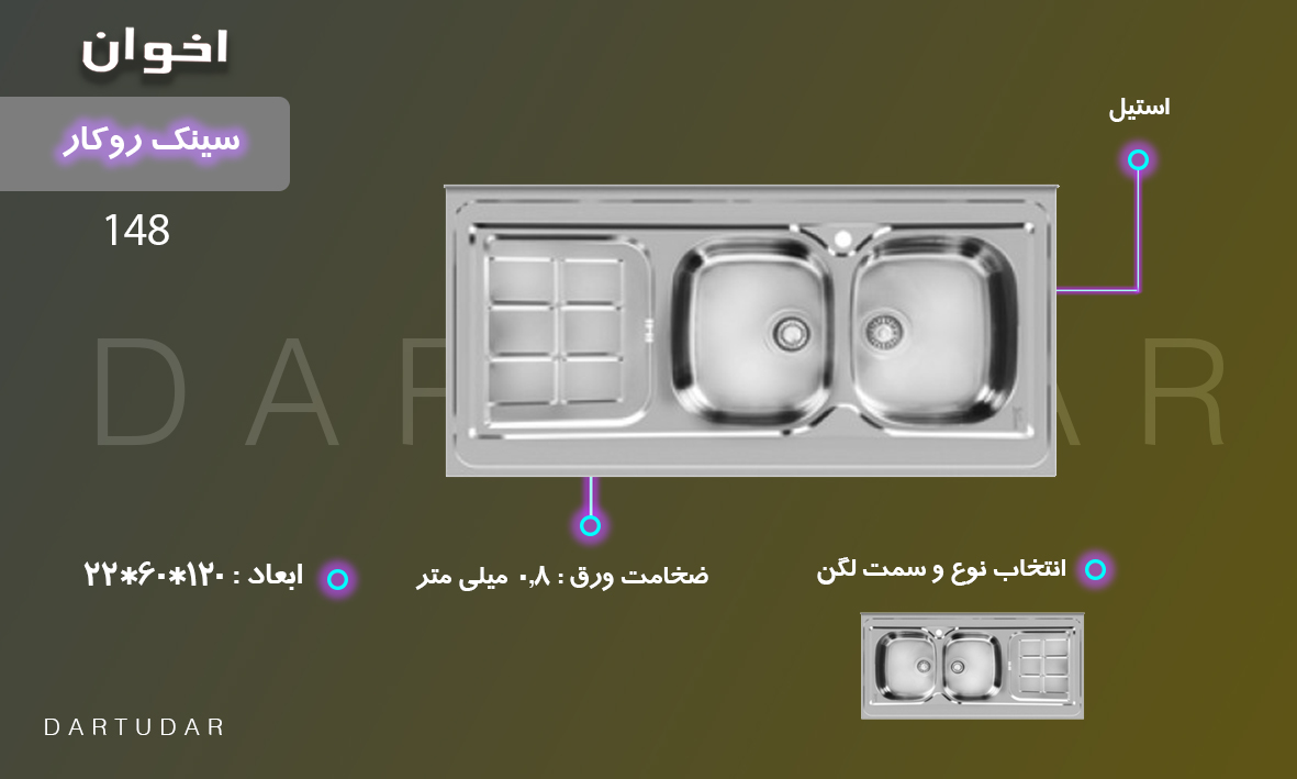 سینک روکار مدل 148 اخوان، از محصولات خوش قیمت با ضخامت 0.8 میلی متر و عمق لگن 20 ساتی متری