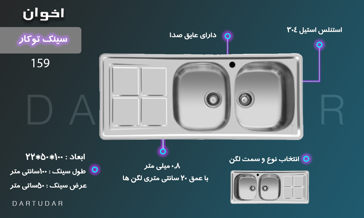 سینک توکار مدل 159 اخوان لگن چپ و لگن راست