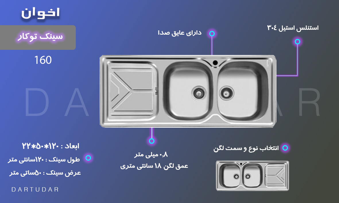 سینک دو لگنه ظرفشویی 160 توکار اخوان