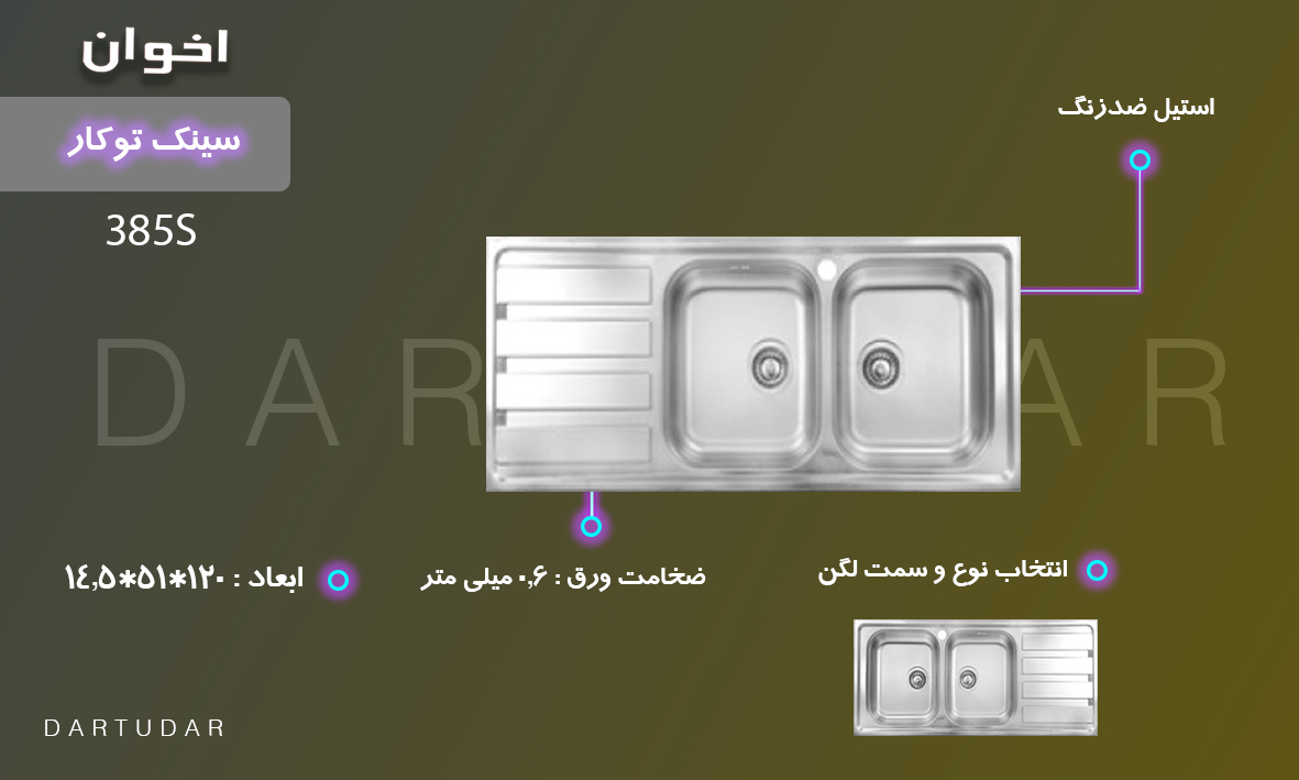 سینک توکار مدل 385S اخوان،از نوع پِرِسی، با ضخامت ورق 0.6 میلی متر