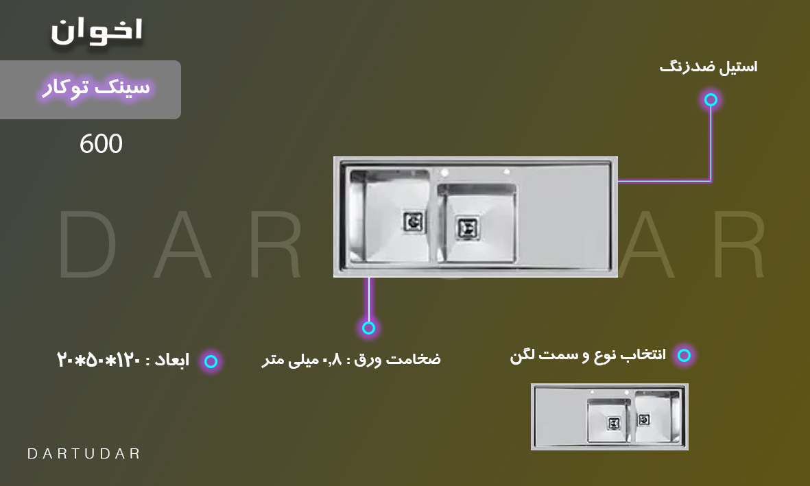 سینک توکار مدل 600 اخوان، از سری R16،با ضخامت ورق استیل 0.8 میلی متر