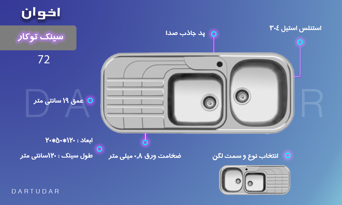 سینک توکار مدل 72 اخوان لگن چپ و لگن راست