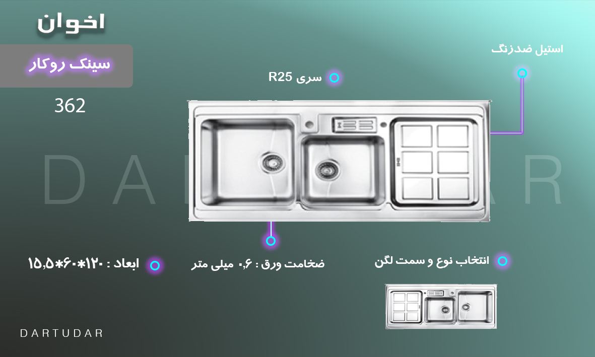 سینک آشپزخانه مدل 362 با سرریز سینی و قابلیت انتخاب لگن چپ و لگن راست 